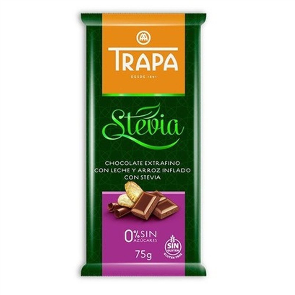 Mléčná čokoláda se stévií a pufovanou rýží - TRAPA 75g Mléčná čokoláda se stévií a pufovanou rýží - TRAPA 75g