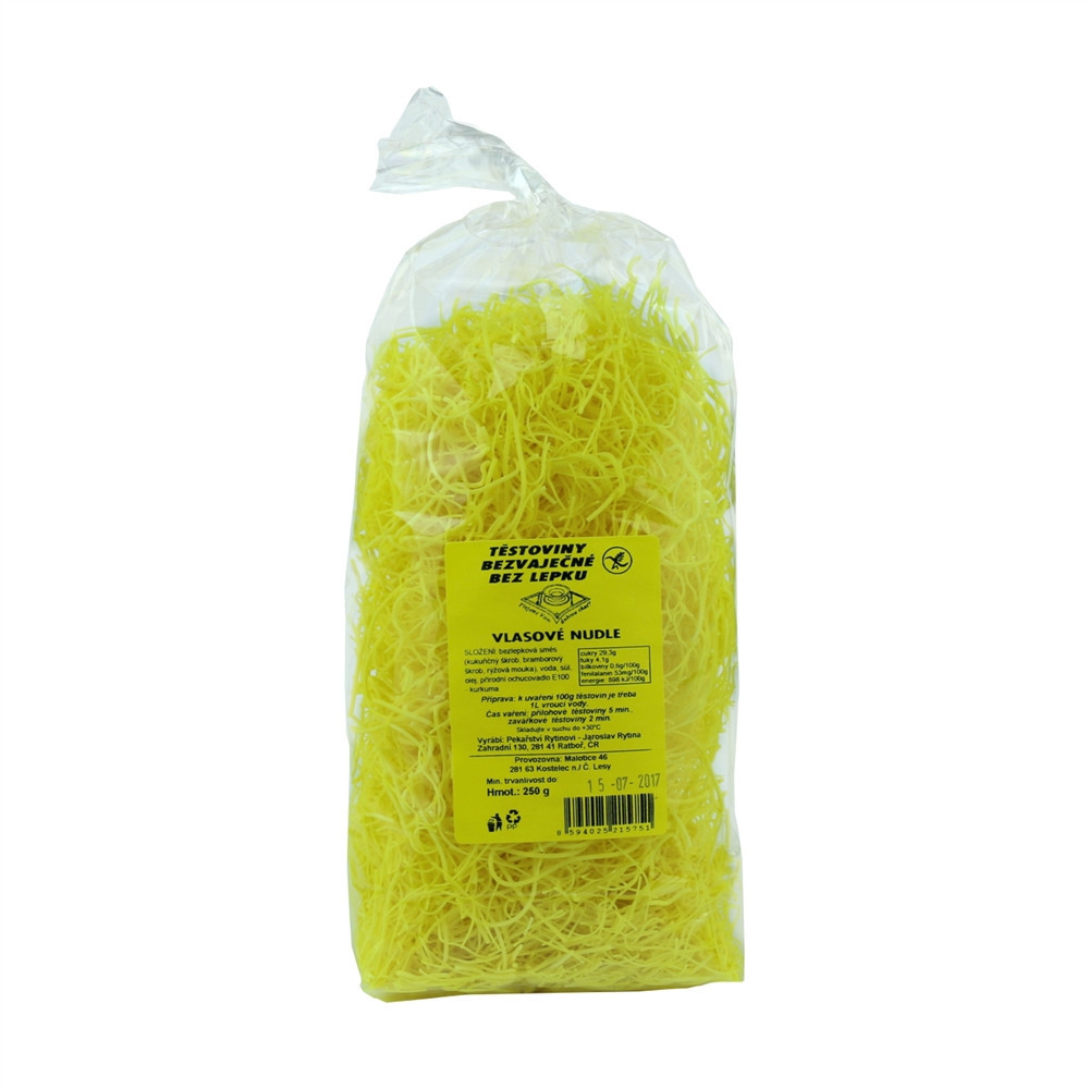 Těstoviny kukuřičné - vlasové nudle bez lepku - Rytinová 250g Těstoviny kukuřičné - vlasové nudle bez lepku - Rytinová 250g
